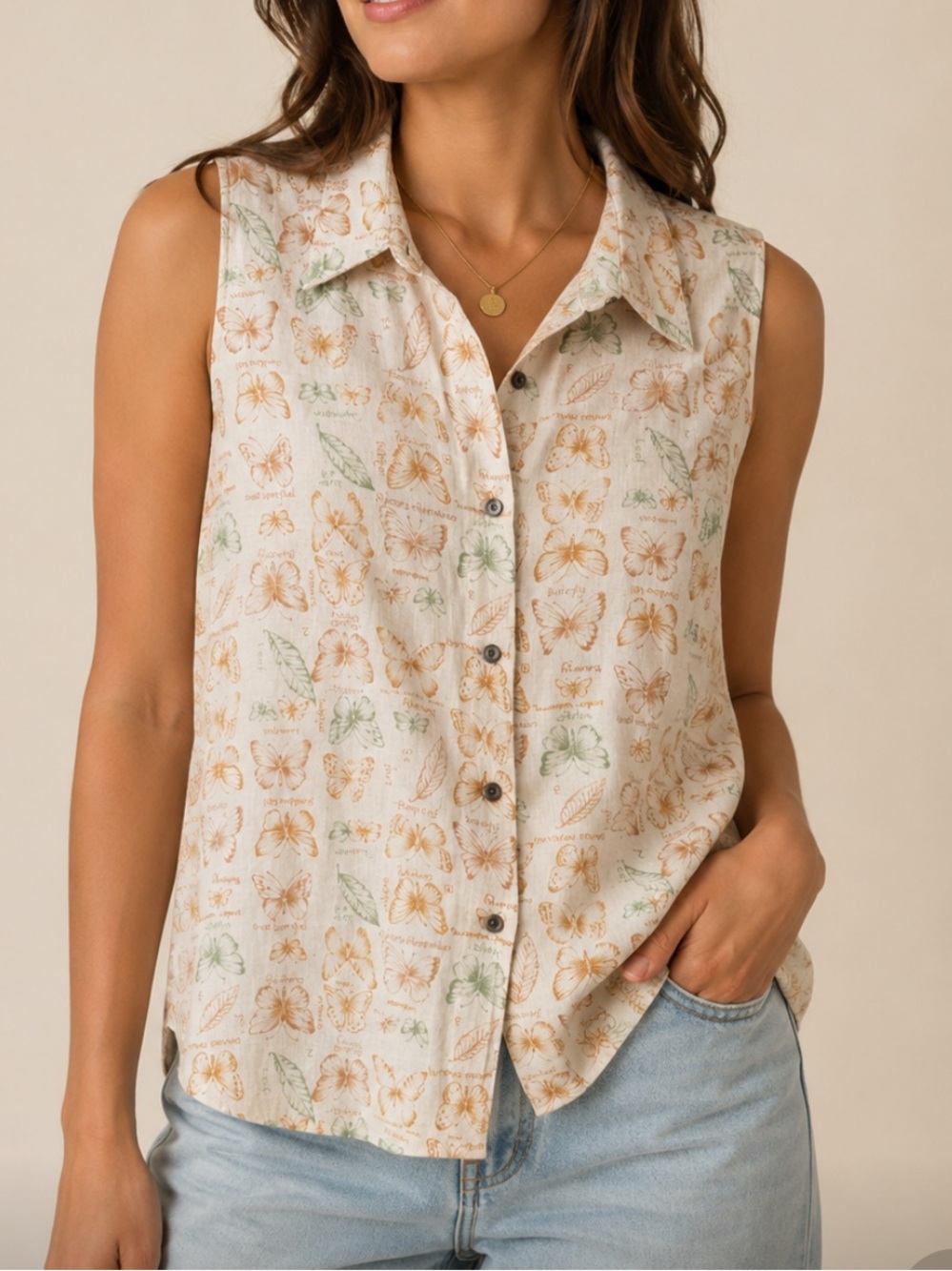 Woolrich Sleeveless Button-Front Butterfly Pattern Linen Blend Tank